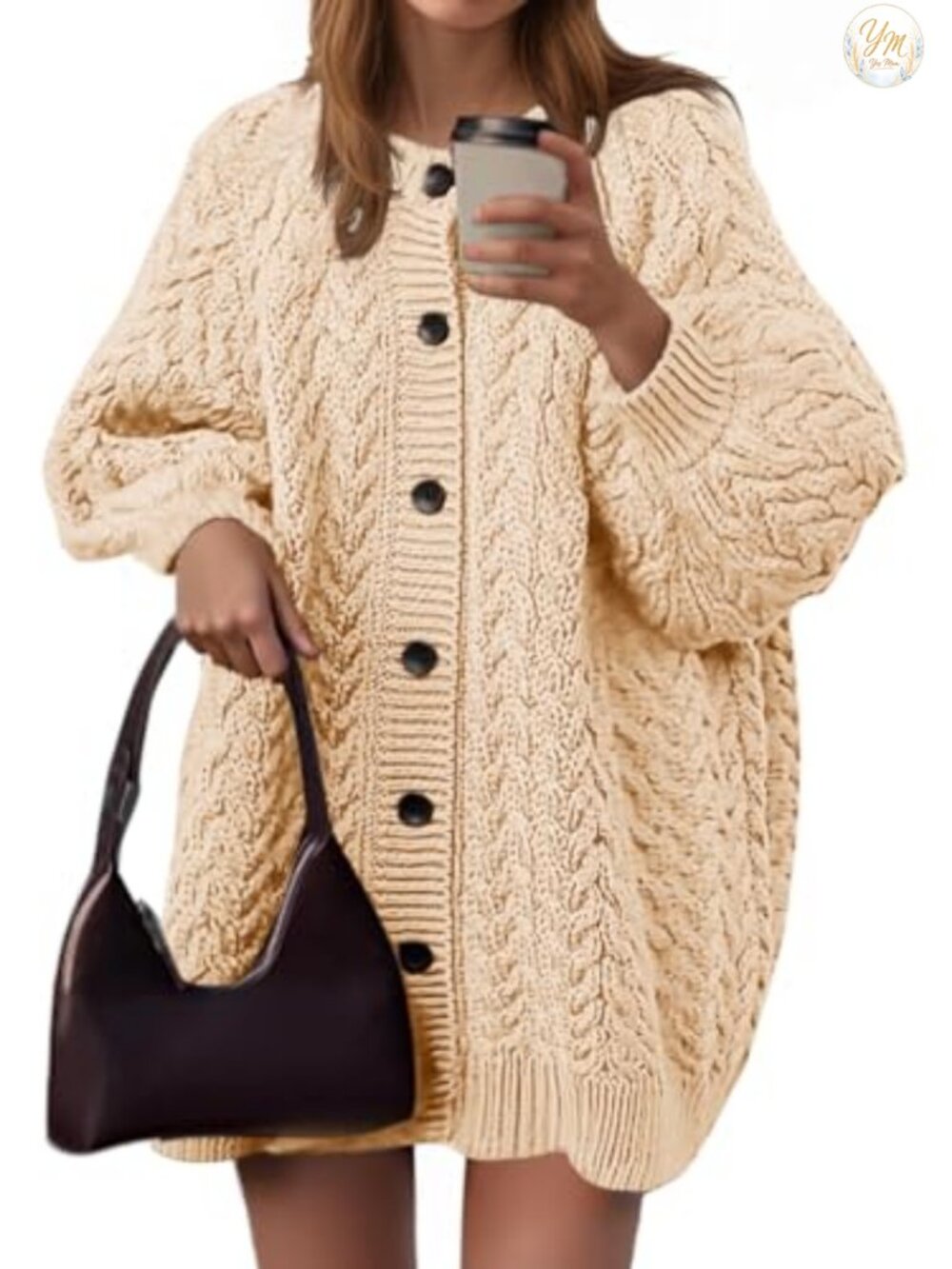 Oversized Chunky Cable Knit Cardigan Long Lantern Sleeve Button Down Women